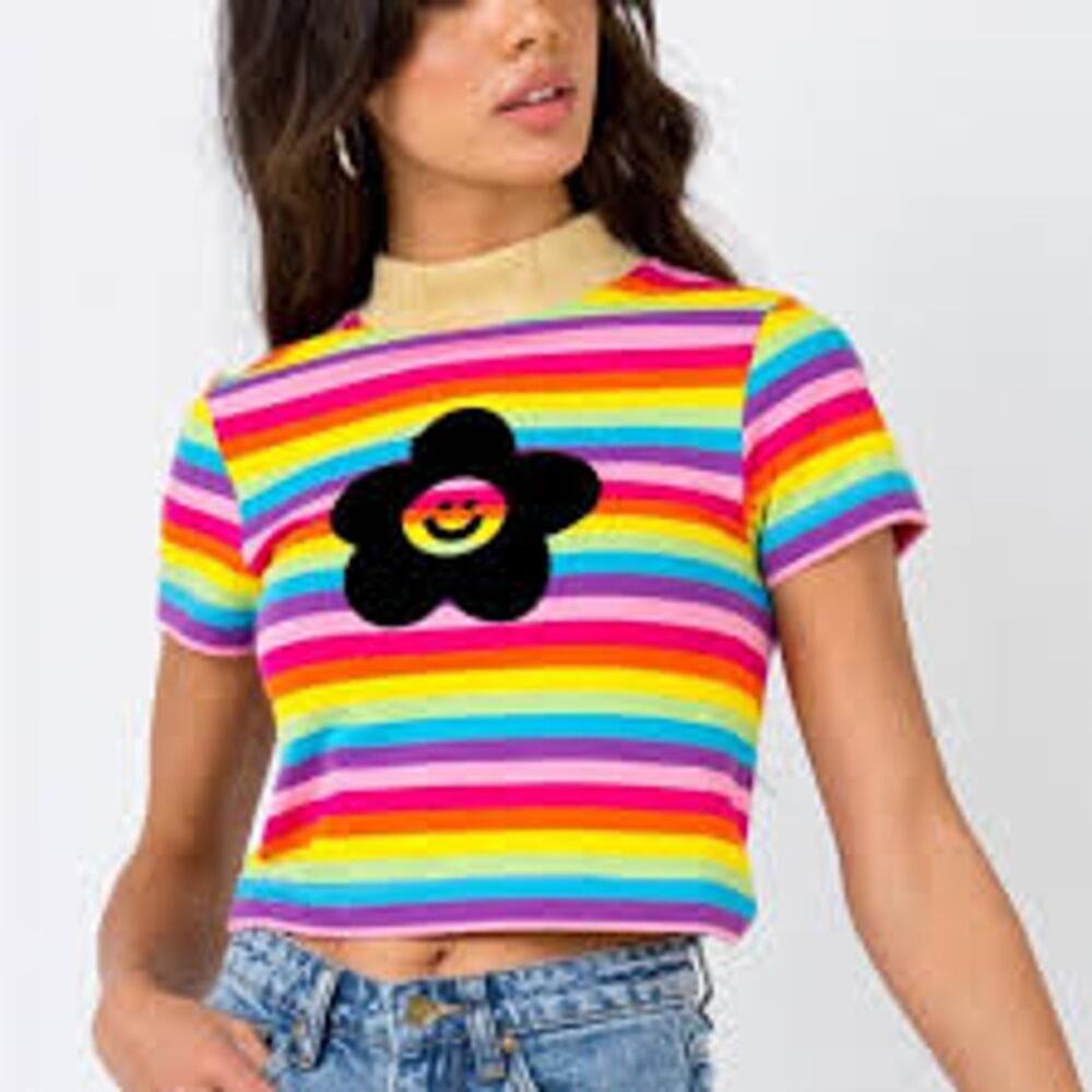 Lazy Oaf rainbow flower baby mock neck tee